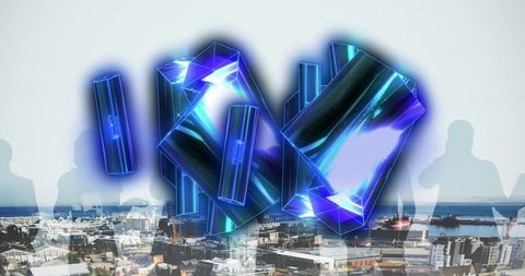 Futuristic blue crystals overlay on urban cityscape