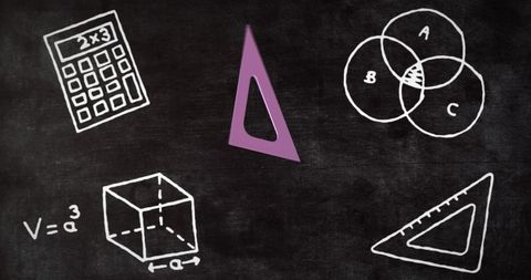 Chalkboard featuring various mathematical symbols, including a calculator, a cube and geometric diagrams. This visualization is ideal for education-related content, illustrating concepts in math and geometry, or representing data processing methods visually.