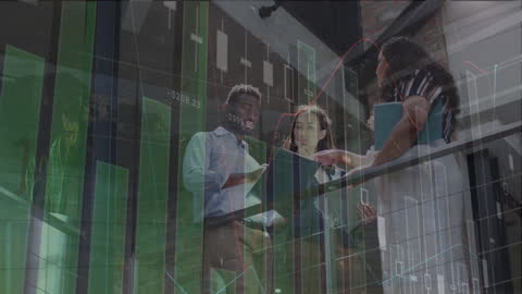 Diverse Team Analyzing Financial Data with Corporate Graphics Overlay