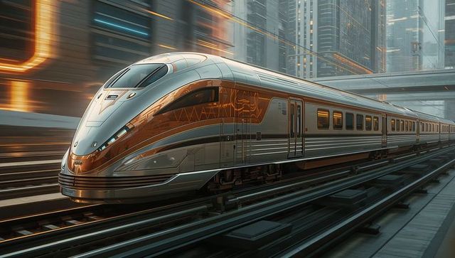 Futuristic high-speed bullet train gliding through neon metropolis at dusk
