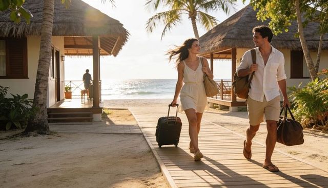 Couple walking with luggage on boardwalk past thatched bungalows toward tropical beach