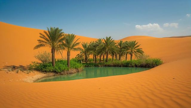 Desert oasis with turquoise lagoon and palm grove amid sweeping orange sand dunes