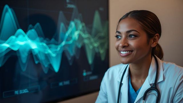 Clinician reviewing digital waveforms on monitor with stethoscope for healthcare analytics