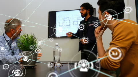 Innovative Team Discussion with Digital Network Overlay