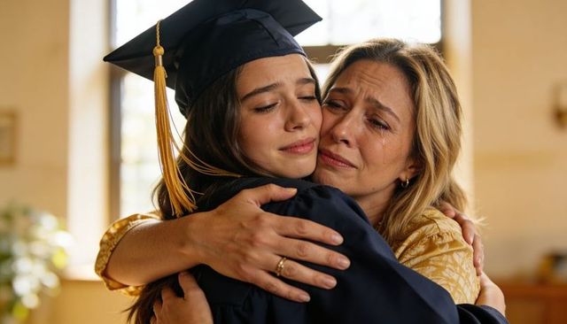 Mother and graduate embracing in tearful graduation hug, cap and gown celebration