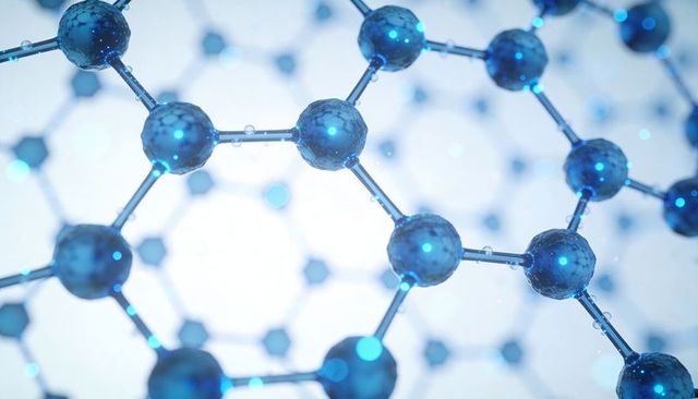 Blue Graphene Hexagonal Lattice with Molecular Bonds and Water Droplets in 3D Render