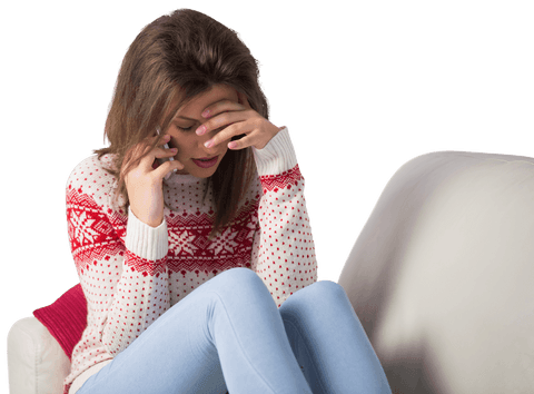 Upset Young Woman on Phone in Transparent Fashionable Sweater