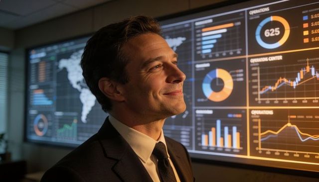 Confident executive monitoring real-time analytics dashboards in operations center