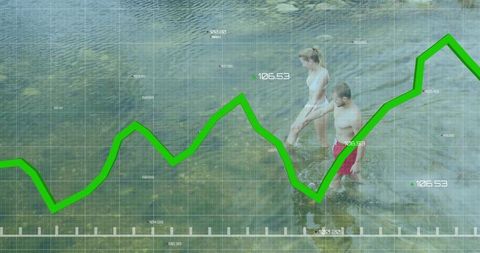 Couple wading in water with green financial chart overlay