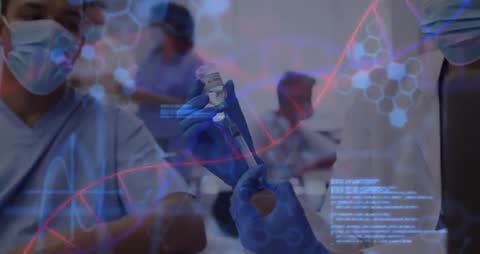 Healthcare Team with Vaccine and Floating DNA Helix