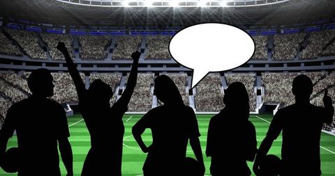 Celebrating Silhouetted Fans in Sports Stadium with Speech Bubble