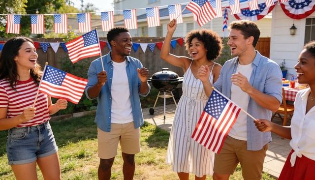 Diverse friends waving american flags, celebrating fourth of july backyard barbecue
