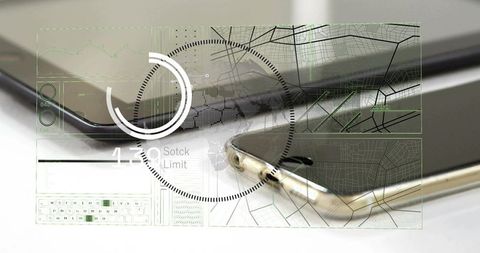 Metallic smartphone overlapping tablet on white desk with futuristic hud and ui overlays