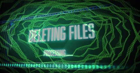 Neon cyber interface showing deleting files with glitch effects and green spiral data