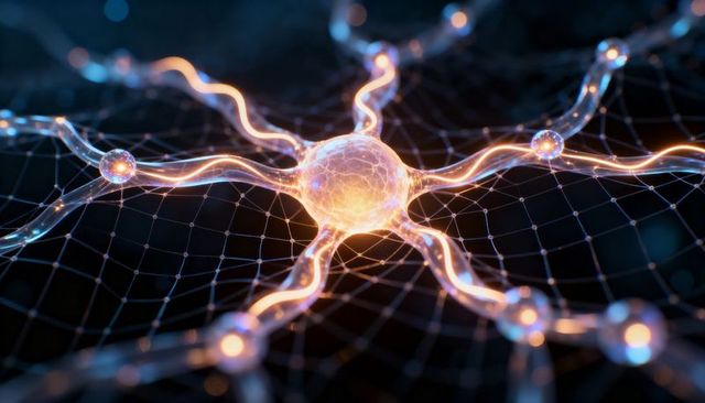 Glowing neural hub transmitting energy through filament network in futuristic blue mesh