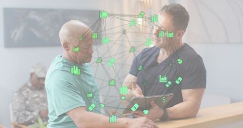 Medical Team Consulting on Tablet with Digital Health Network Overlay at Bright Clinic