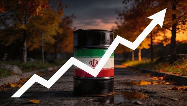 Iran oil barrel symbolizing rising energy prices and market surge at autumn dusk