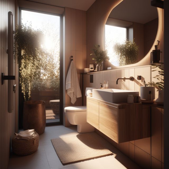 Modern bathroom with bohemian design elements featuring wooden accents, abundant natural light, and indoor plants. Ideal for articles or advertisements related to home decor, interior design ideas, minimalist living, and aesthetic home renovations.