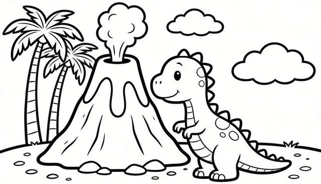 Cute dinosaur watching volcano erupting on tropical plain coloring page for kids activity