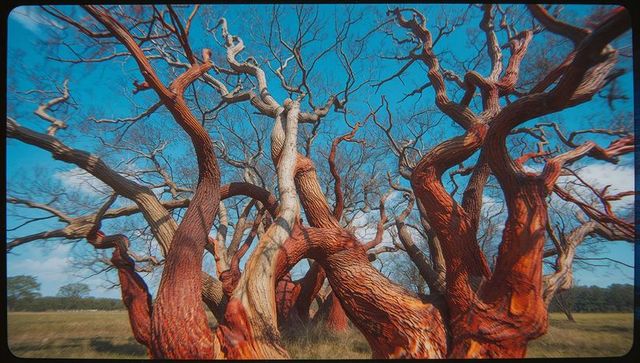 Twisted red-barked trees against blue sky in open field