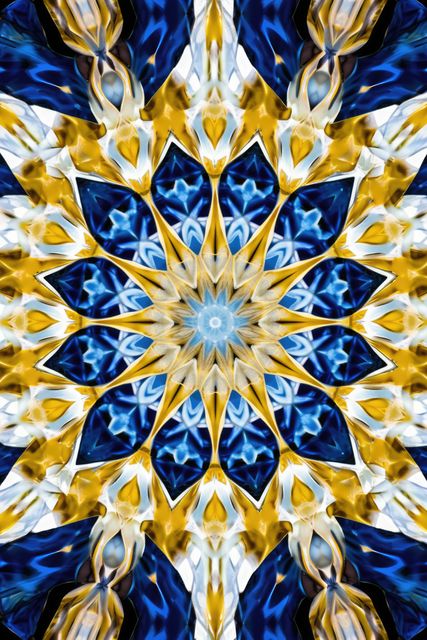 Close up of yellow and blue kaleidoscope shapes created using generative ai technology. Abstract background and colour concept digitally generated image.