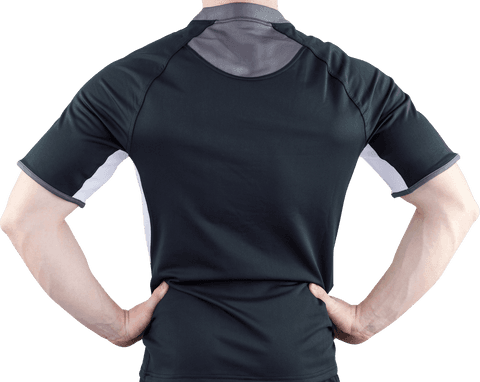 Rear view of rugby player with hands on hips transparent background