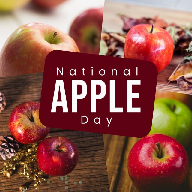 Collage features fresh red and green apples with text celebrating National Apple Day. Great for promoting healthy eating, harvest festivals, apple picking events, and nutritious fruit consumption. Ideal for social media posts, blog articles, and holiday celebrations.