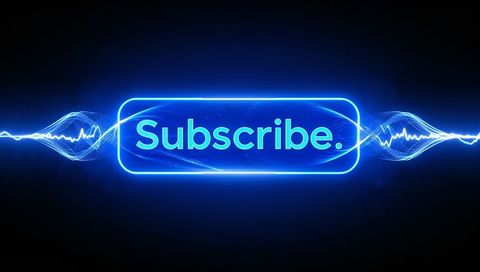 Neon subscribe button pulsing cyan-blue with audio waveform and futuristic glow