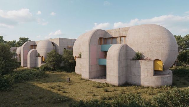 Sculptural concrete pod sitting in meadow with pastel blue balcony and yellow reveal