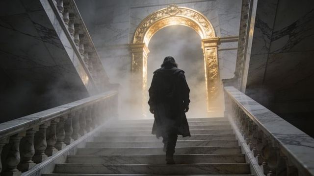 Lone figure ascending marble staircase toward gilded arch through mist in palatial corridor