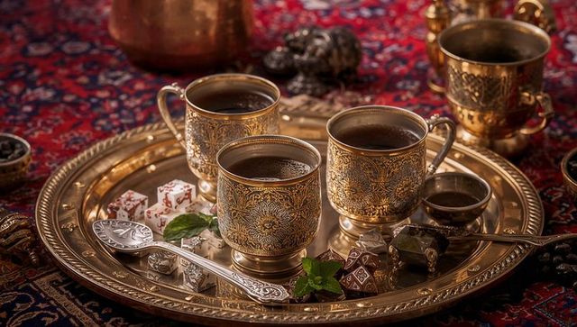Serving rich turkish coffee in engraved brass cups on ornate brass tray with turkish delight and min