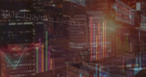 Futuristic Data Charts Over City Skyline at Night