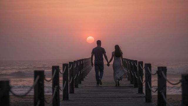 Couple walking hand in hand on wooden pier at sunset over calm ocean horizon