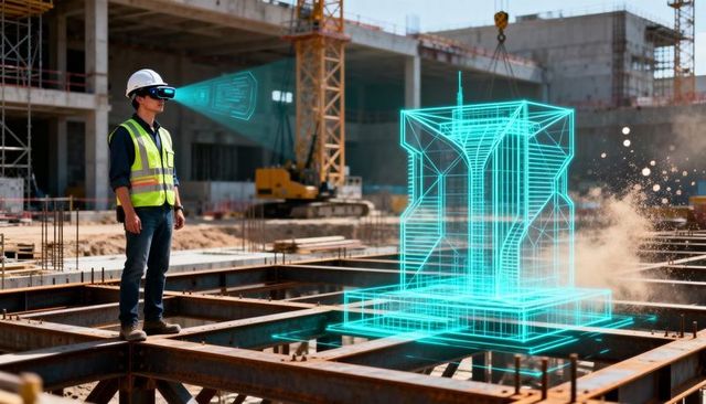 Construction engineer wearing ar headset inspecting holographic building model on site