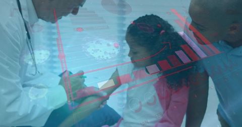 Doctor Vaccinating Child with Parent Amidst Digital Health Interface