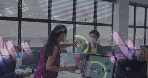 Team analyzing market trends with digital analytics overlay