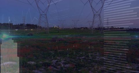 Dusk high-voltage pylons crossing open utility corridor with digital glitch distortion