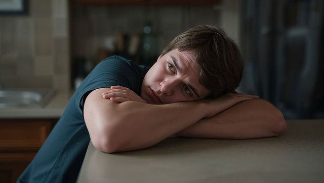 Contemplating teenage boy resting head on crossed arms on kitchen counter in soft light