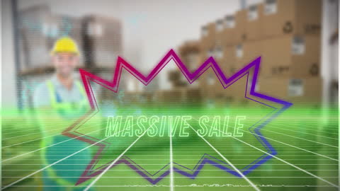 Warehouse Worker Announces Massive Sale with Digital Overlay