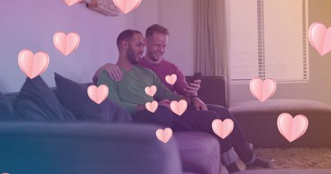 Happy Diverse Gay Couple Embracing with Heart Icons