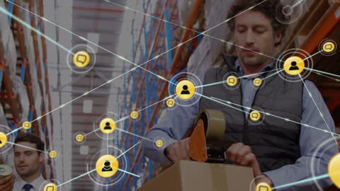Network Icons Overlay Logistics Workers in Busy Warehouse