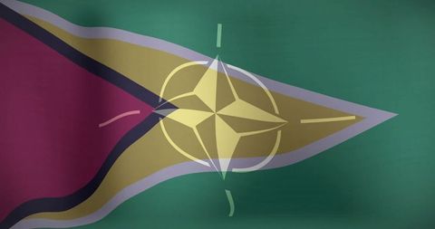 Stylized guyana flag with nato compass rose overlay in graphic design