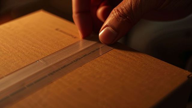 Right hand sealing cardboard box with clear tape on workbench closeup macro