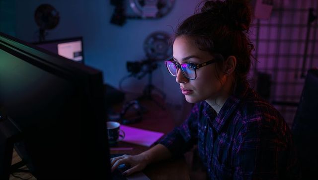 Young woman working late at desktop wearing glasses in neon-lit creative studio
