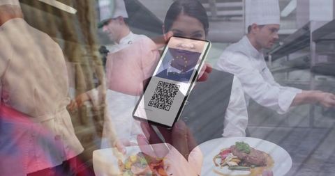 Woman displays covid-19 vaccination passport in restaurant hybrid image