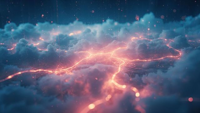 Futuristic Neon Network Lines Intertwined with Clouds