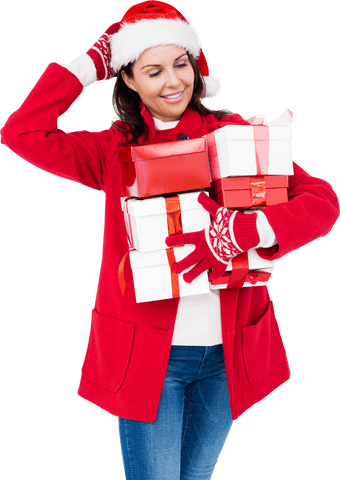 Woman in Santa Hat Holding Christmas Presents with Transparent Background