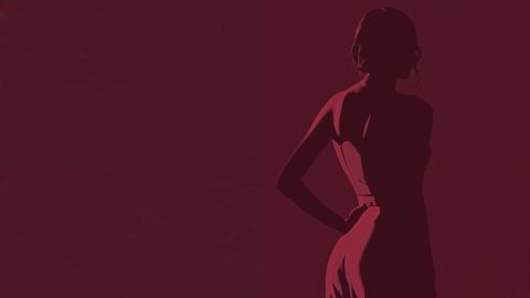 Elegant silhouette of beautiful lady in sleeveless gown on maroon background