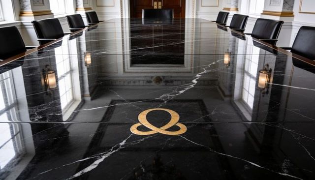 Black marble conference table with gold emblem reflecting windows luxury boardroom