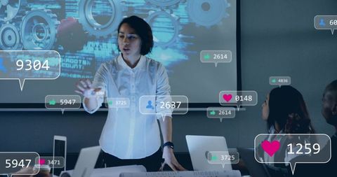 Businesswoman presenting data-driven strategy with social media analytics overlay